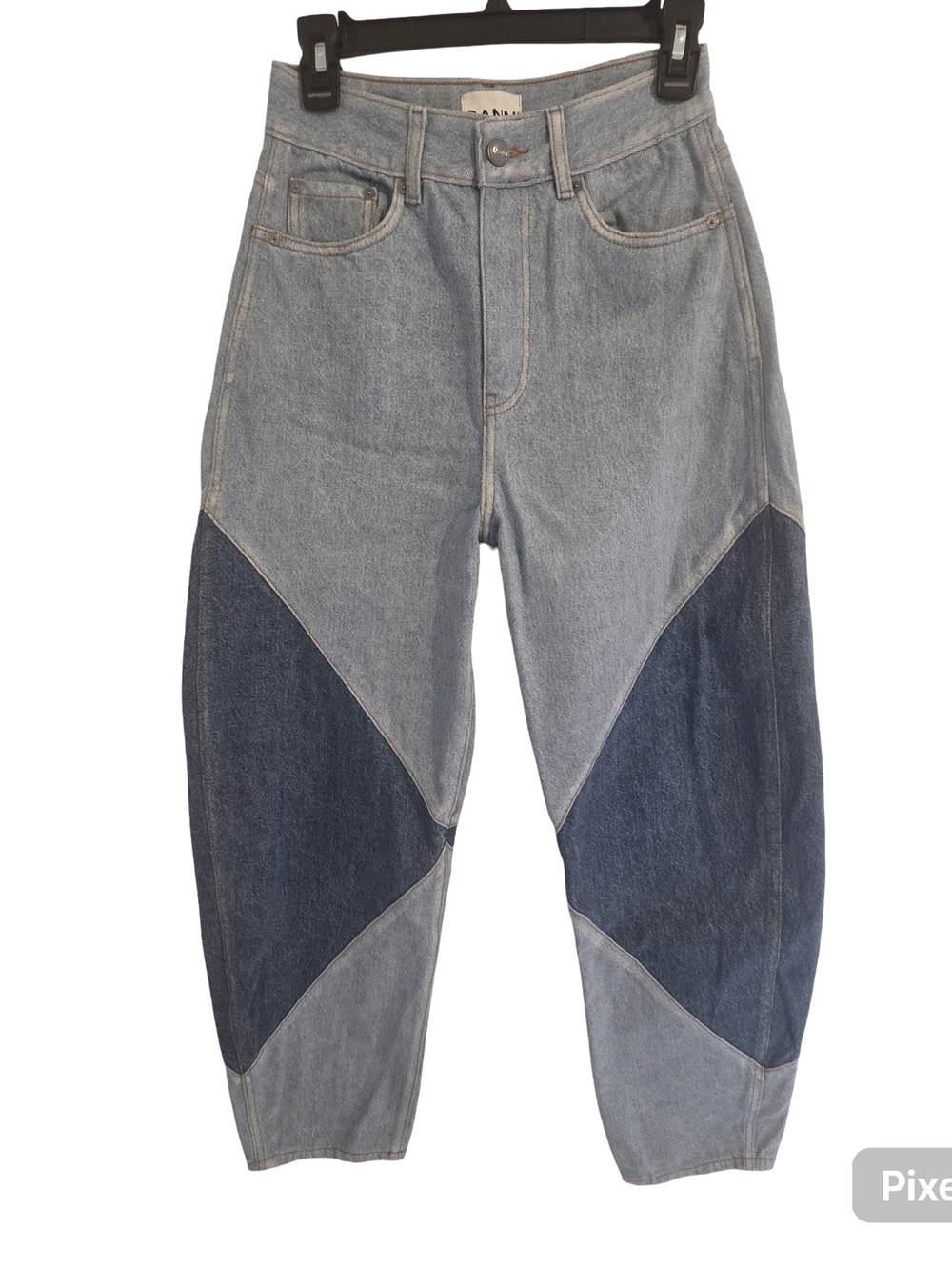 Ganni  Women's Two-Tone Blue Patchwork Wide-Leg Jeans Size 26